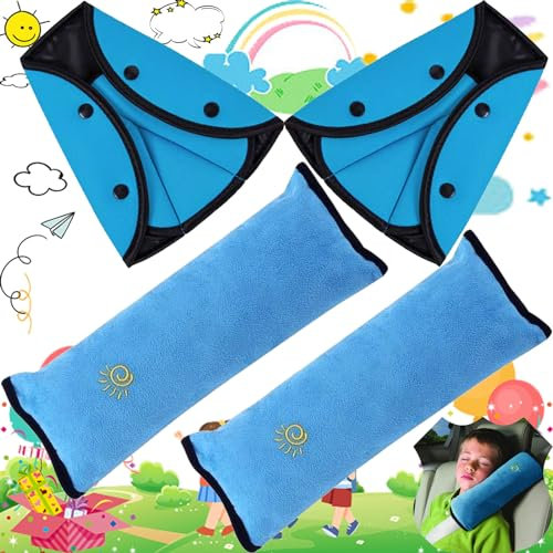 Benaton 4 Stück gurtpolster auto kinder baumwolle, Abnehmbar Kinder Auto Sicherheitsgurt Schulterpolster, Gurtpolster Kinder Auto SchlafkissenNackenstütze, Für Kinder, Autos, Flugzeuge(Blau)