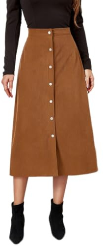 shownicer Jupes en Velours côtelé Femme Mode Taille Haute A-Ligne Jupe Mi-Longue Vintage Chic Jupe Longues Boutonnée Devant en Velours Côtelé Automne Hiver A Kaki L