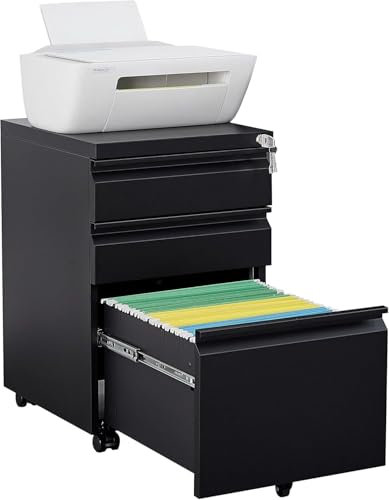 LVSTEEL Rollcontainer, komplett montierter Aktenschrank, rollbarer Aktenschrank mit Schloss, Untertisch-Aktenschrank aus Metall, Aktenschrank für Home Office, mobiler Druckerständer für A4/Aktenordner