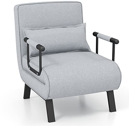 COSTWAY Folding Sofa Bed, 4-in-1 Convertible Single Sofa Chair Bed with 6-Position Adjustable Backrest and Pillow, Padded Seat Lounge Couch Guest Sleeper Recliner Armchair for Living Room (Light Grey)