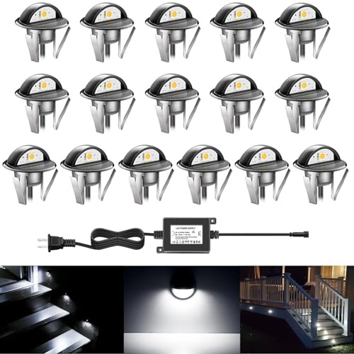RNEHON LED Outdoor Deck Lights Kit, Φ1.38 Low Voltage 12V DC IP65 Waterproof, Recessed Landscape Lighting for Garden,Yard,Steps,Stair,Patio,Floor Decoration(16PCS, Cold White)