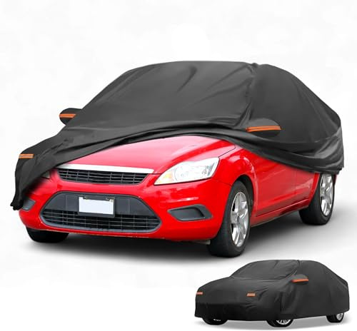 Partuto Funda de Coche Impermeable para Todo Clima Protección Solar y contra la Lluvia Exterior Completa para Ford Focus Sedán Película de Aluminio Negra con Franjas Reflectantes