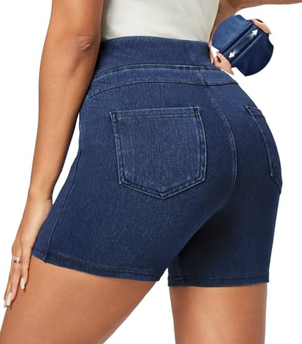 IUGA Stretchy Jean Shorts Womens Denim Shorts Women High Waisted Pull On Jorts with Pockets Summer Casual Trendy 2026 (Dark Blue, Medium)
