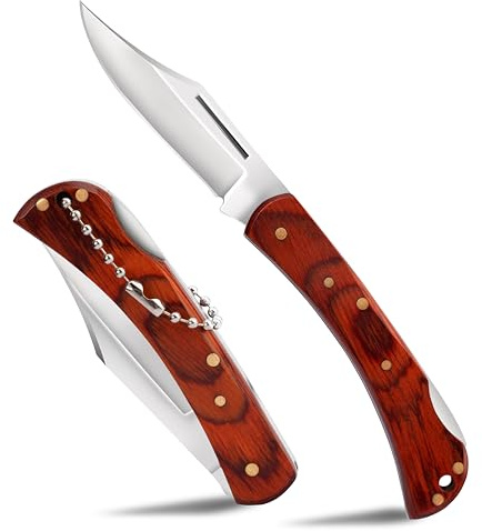 SPITZKANTE Klappmesser Klein, Mini Zweihandmesser mit Lockback, 42a-konform, EDC Taschenmesser mit 440C Stahlklinge, Holzgriff