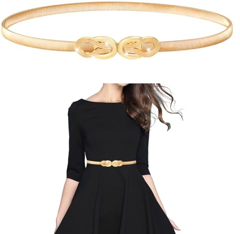 TIESOME Cinturón elástico delgado para mujer, cinturón de cadena elástica fina de metal dorado para vestidos de mujer