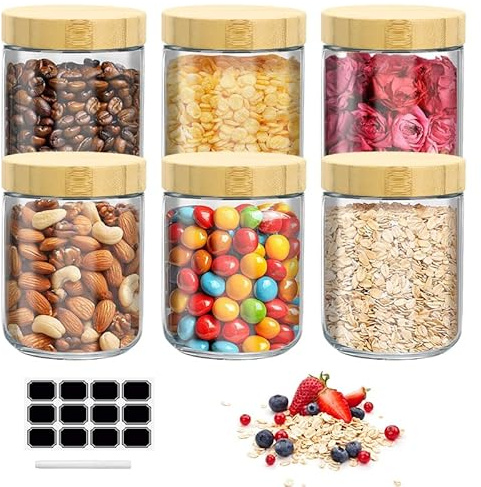 Samlonge 6 Tarros de Comida Preparada 500ml Tarros de Avena con Tapa de Rosca, 16oz Tarros de Cristal con etiquetas y bolígrafo, Bote Cristal Hermetico para Yogur, Batido, Avena, Mermelada, Especias