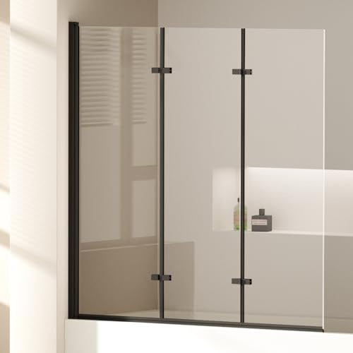 EMKE Mampara de ducha para bañera de 130 x 140 cm, 3 piezas, plegable, con cristal templado de seguridad de 6 mm, accesorio para bañera plegable, mampara de ducha plegable