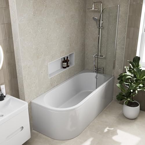 Baystone® 1700 x 725mm Single Ended J Shaped Shower Bath Tub with Side Panel & Screen White Gloss Acrylic Luxury for Bathroom Corner Modern - Right Hand