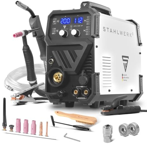 STAHLWERK Soldadora combinada 3 en 1 MTM-200 ST – Inverter combinado para TIG, MIG/MAG, MMA/Electrodo hasta 200 A, hilo sinérgico, 4 rodillos, encendido HF, apto para hilo hueco, acero, chapa fina