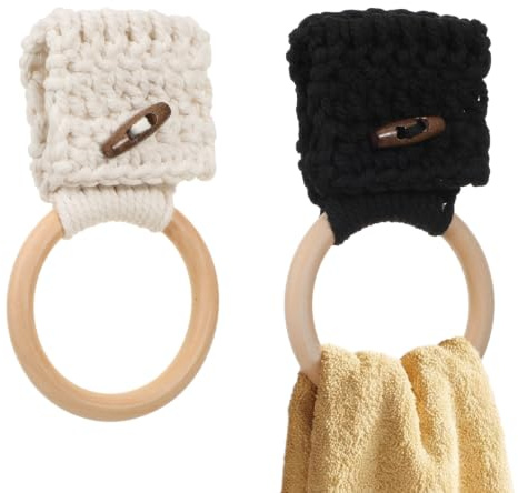 RAHHLIZS 2Pcs Knit Kitchen Towel Holder, Boho Handmade Crochet Kitchen Towels with Hanging Loop, Kitchen Towel Hook for Cabinet House Oven Stove Door Housewarming Gifts, White & Black