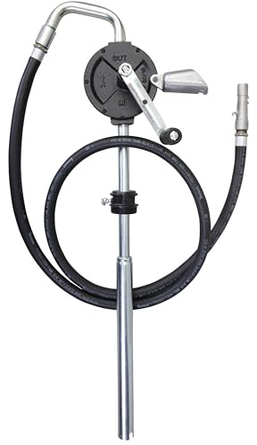 Groz 44081 Industrial Rotary Fuel Transfer Pump, 10 GPM Cast Iron Hand Pump with Anti-Static Hose & Non-Sparking Nozzle for Diesel, Gas, Oil Drums