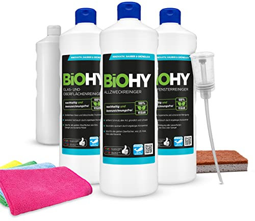 BiOHY Glas und Oberflächen-, Fenster-, Allzweckreiniger Komplett Set Konzentrat für Fließen/PVC/Laminat, Glanzreiniger, ALKOHOLREINIGER, Boden, Profi Bio-Reiniger - Bio Reinigungsmittel