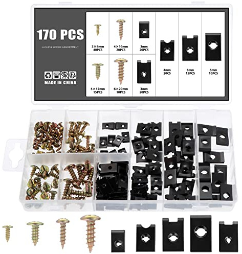 Knpwer 170 Pz Kit di Clip a U e Viti, Dadi a U Universali in Metallo, Graffette per Carrozzeria, Clip di Fissaggio in Metallo a Forma di U, Viti per Carrozzeria per Parafanghi delle Auto