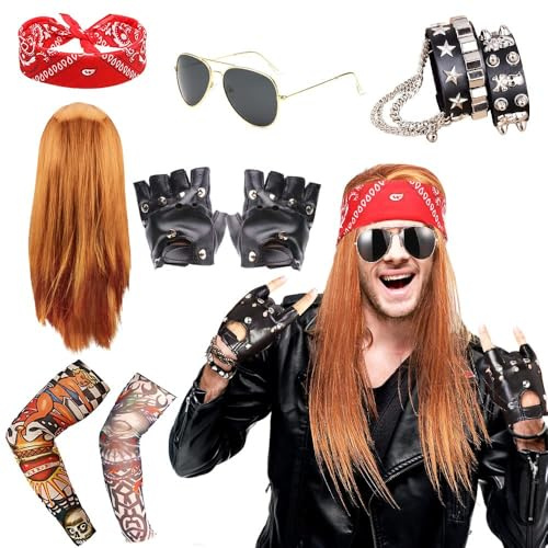 BIQIQI Rocker Travestimenti Kit rocker Anni '90 Anni '70 e '80 Metalli Pesanti Discoteca Costume con Parrucca Guanti punk Occhiali da sole Bandane Braccialetto Manicotti del tatuaggio