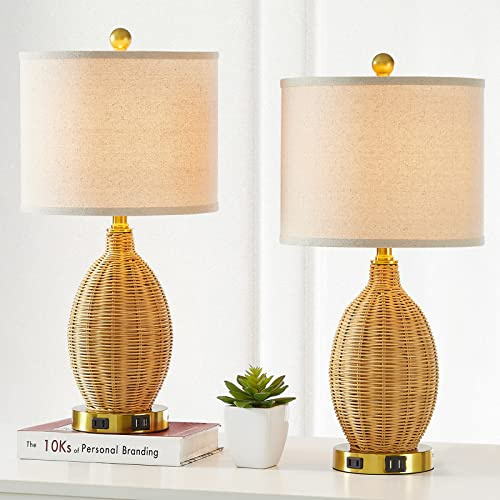 CINSARY Touch Control Rattan Table Lamps, 3 Way Dimmable Bedside Lamps for Bedroom Set of 2 with 2 USB Ports and AC Outlet, Wicker Nightstand Lamps for Living Room (LED Bulbs Included), Gold