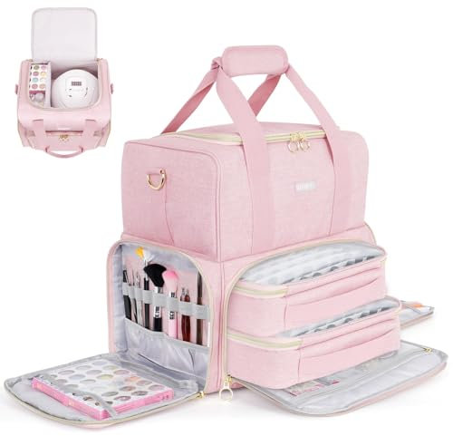 Nail Polish Organiser Bag,Large Nail Kit Bag Holds 80 Bottles and a Nail Lamp,Nail Polish Carrying Case with Two Removable Bags,Portable Nail Polish Holder for Nail Supplies,Pink