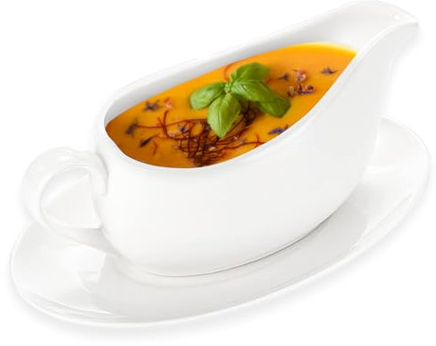 Cheardia Salsera de 14 onzas con bandeja, salsera de cerámica blanca con mango ergonómico y boquilla grande sin goteo para aderezos de ensalada, crema, caldo, pimienta negra