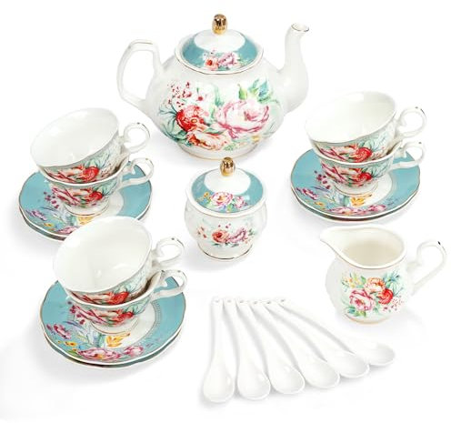 fanquare Juego de Té de Porcelana de 15 Piezas de Flores de Colores, Juego de Taza y Plato de Té de Cerámica para 6, Juego de Tetera Vintage para Fiesta de Mujeres