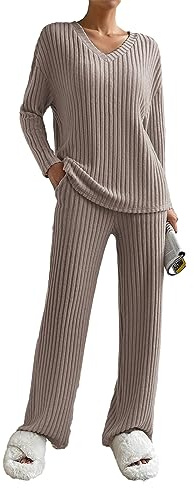 SotRong Set Co Ord in Maglia a Costine per Donna - IT 2 Pezzi Tuta da Ginnastica Set Completo Pigiama da Donna Abbigliamento da Casa Pigiami Notte, A-cachi, XXL