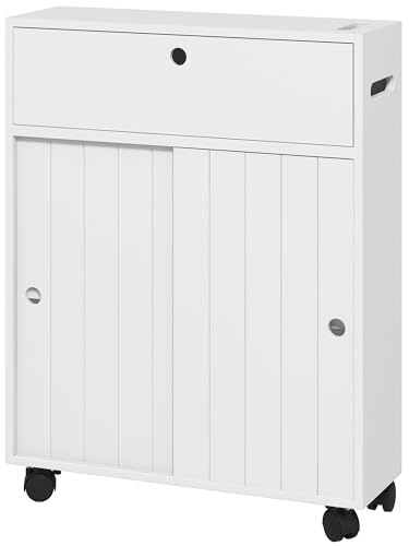 kleankin Mueble Auxiliar Baño Moderno Armario de Baño con 4 Ruedas 2 Agujeros para Papel 2 Armarios y Estantes Ajustables Mueble Auxiliar de Almacenaje para Espacio Estrecho 52x17x67 cm Blanco
