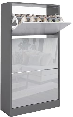 Blisswood High Gloss 3 Drawer Shoe Cabinet Cupboard, Shoe Storage Organiser Freestanding 3 Tier Wooden Shoe Rack Cabinet Modern Footwear Stand For Hallway, Living Room Furniture (Light & Dark Grey)
