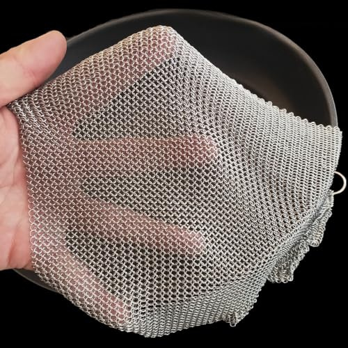 Nettoyeur Fonte et Grattoir Durable - 15x15 cm Brosse à Mailles Fines 3,8 mm Upgraded, Acier INOX 316L Premium Anneaux Fins - pour Poêle, Wok, Casserole, Plancha, Grill (16''x16'')