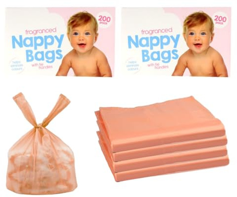 400 bolsas de pañales de colores con asas de corbata, perfumadas para eliminar olores, duraderas y a prueba de fugas, ligeras y perfectas para bolsas de viaje de bebés