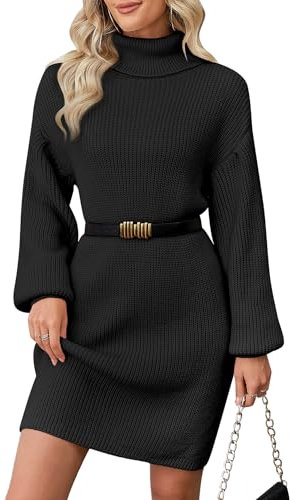 ZLIGXEA 2024 Trendiges Rollkragen pulloverkleid aus geripptem Strick mit Laternenärmeln – Langarm pulloverkleid für Damen Schwarz L