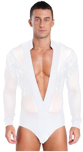 Miutii Men's Sparkly Rhinestones Sequins Performance Dance Costume Deep V Neck Latin Dance Shirt Ballroom Leotard White M