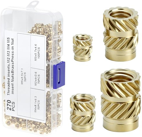 QWORK® Juego de 270 piezas Insertos fileté de Latón M2, M3, M4, M5 para Piezas de Plástico Impresoras 3D - Tuercas de Inserción Roscados