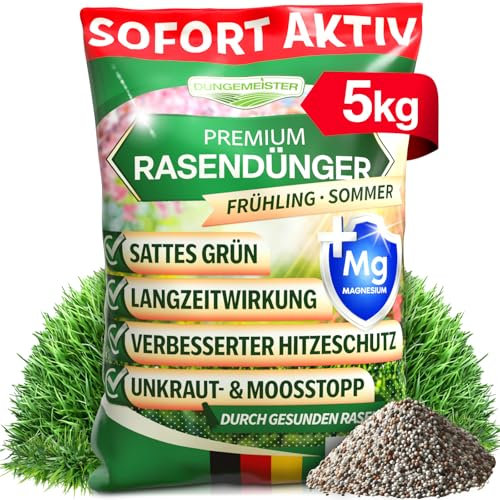DÜNGEMEISTER Rasendünger für Ihren sattgrünsten Traumrasen - gesunder, dichter und sattgrüner Rasen sofort mit revolutionärer KI Formel - Langzeit NPK/Organisch Frühjahr/Sommer (5 kg)