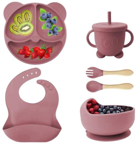 Eliano 6-delars silikon baby servisset – BPA-fritt – Halkfri tallrik & skål, haklapp, drickslärarkopp med sugrör & bestick – Baby led weaning set (Röd)