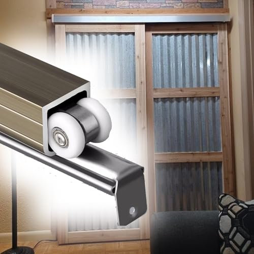 Kit de riel para puerta de bolsillo comercial, ajustable, 28-200 pulgadas, sistema de riel de puerta corredera para puertas de madera, 1-2 pulgadas de grosor, guía fácil de instalar para un
