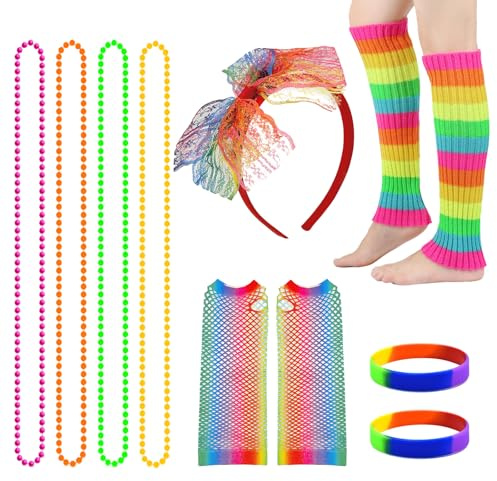 TUONYIS 5 Pezzi Accessori Anni 80 Accessori Costume Anni 80s, Accessori per Costumi Anni '80, Fascia in Pizzo, Scaldamuscoli, Guanti, Collana, Braccialetto, Accessori Neon Anni 80 Kit (Colorato)