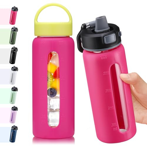 BLUEGO 600ml Borraccia in vetro con 2 coperchi-Coperchio con chiusura One-touch e maniglia Borsa riutilizzabile con indicazione del tempo per Viaggi Casa Palestra Sport Senza BPA, Rosso rosa