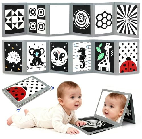 KUANGO Black and White High Contrast Tummy Time Mirror Toys Newborn Toys 0 6 Months Brain Development Infant Stimulating Sensory Baby Book 0-3 3-6 2 4 5 Months Old Baby Boy Girl Gifts