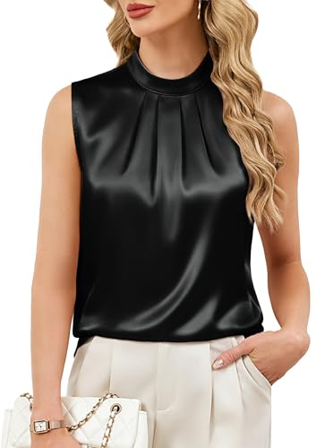 Funlingo Camisole Tops for Women Silk Satin Sleeveless Tank Top Dressy Casual Blouses Pleated Shirts 2026 Business Work Outfits Black M
