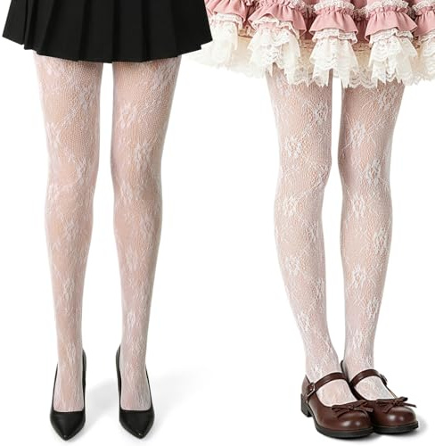 WJIAAA 2 par vita strumpbyxor dam, spetsstrumpbyxor med blommigt ihåligt mönster, Lolita tights, balettstrumpbyxor dam, nätstrumpbyxor spets, eleganta strumpbyxor för mångsidiga outfits