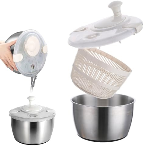 Centrifugador de ensalada de 5 l, acero inoxidable, centrifugador de ensalada con tapa, apto para alimentos, acero inoxidable, base antideslizante, eficaz para la preparación de ensaladas y limpieza