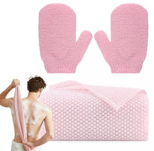 Exfoliating Towel Gloves Set,Including 1 pcs Exfoliating Shower Towel with 1 Pair Shower Gloves for Body Scrub,Back Extra Long Exfoliating Washcloth for Men Women - Pink