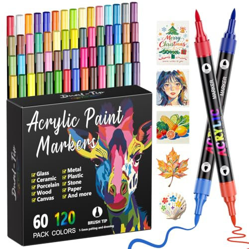 Patamiyar 120Colores/60Bolígrafos Rotuladores Acrílicos | Marcadores Rotuladores Acrílicos con Punta de Pincel Flexible para Piedra, Vidrio, Cerámica, Lienzo, Papel, Madera