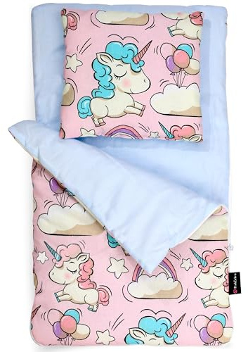 PinkZebra Petit sac de couchage double face, ensemble 2 pièces pour petit lit, literie en coton, ensemble de literie avec oreiller pour lit mini, licorne rose