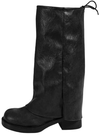 HEMNACU Bottines en jean pour femme avec tige haute, bottes traditionnelles vintage, faciles à enfiler, talon carré, bottes longues en daim, élégantes et confortables