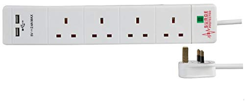 Pro Elec PEL00096 4 Gang 2 USB Surge Protected Extension Lead, 1 m, White