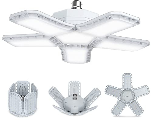 HZSANUE B22 Bayonet LED Garage Light 80W, Daylight White 6500K 9000Lm Deformable Workshop Lamp with 5 Adjustable Panels, LED Ceiling Lighting, for Garages, Basement, Warehouse Attic, Gym(Pack of 1)