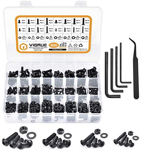 VIGRUE 600 Stück Schrauben Set aus Kohlenstoffstahl M3 M4 M5 M6 Linsenkopf Innensechskant Gewindeschrauben Set mit Muttern Unterlegscheiben und Innensechskantschlüsseln in Sortimentskasten