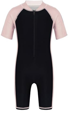 Mufeng Kinder Mädchen Badeanzug Einteiler Bademode Kurzarm Schwimmanzug mit Bein Neoprenanzug UV Schutz Schwimmen Badebekleidung A Rosa Schwarz B 140-152