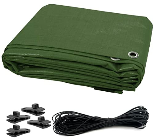 2 x 2 m Tarpaulin Waterproof Heavy Duty Cover Ground Sheet Camping Multipurpose Furniture Caravan with 4 Tarp Clips and 10 m / 32 ft Bungee Cord (Green – 90 GSM)