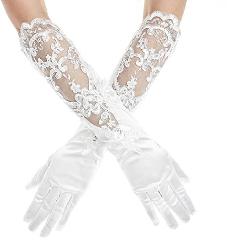 IYOU Satin Hochzeit Brauthandschuhe Floral Weiß Handschuh Lange Oper Party Braut Handschuhe für Frauen