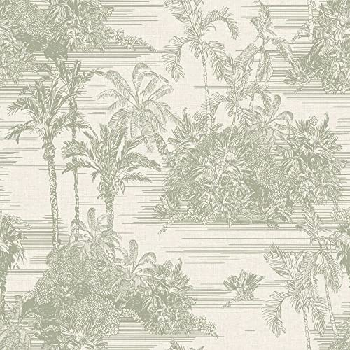 Muriva Eden Tropical Toile Palm Trees Wallpaper Olive Green M37304